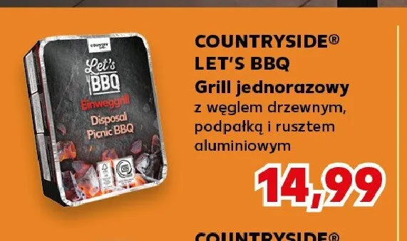 Grill jednorazowy z węglem drzewnym, podpałką i rusztem aluminiowym COUNTRYSIDE LET'S BBQ promocja w Kaufland