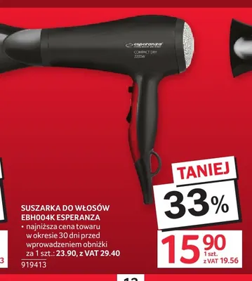 Suszarka do włosów EBH004K Esperanza promocja w Selgros