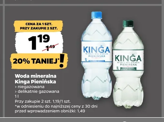 Woda mineralna gazowana delikatnie Kinga Pienińska promocja w Netto