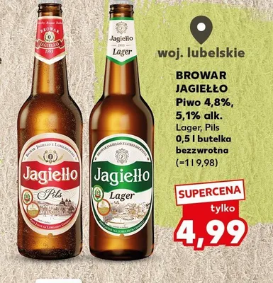 Piwo Browar Jagiełło Pils 4,8% alk. promocja w Kaufland