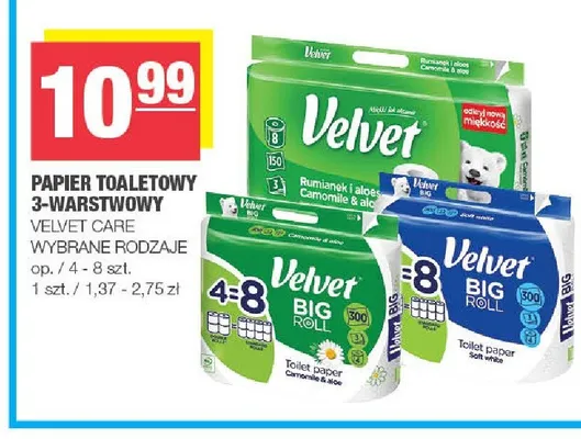 Papier toaletowy 3-warstwowy Velvet promocja w SPAR
