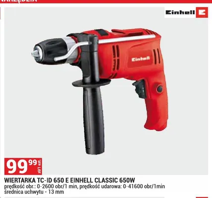 Wiertarka TC-ID 650 E EINHELL CLASSIC 650W prędkość obr.: 0-2600 obr/1 min, prędkość udarowa: 0-41600 obr/1min średnica uchwytu - 13mm promocja w Merkury Market