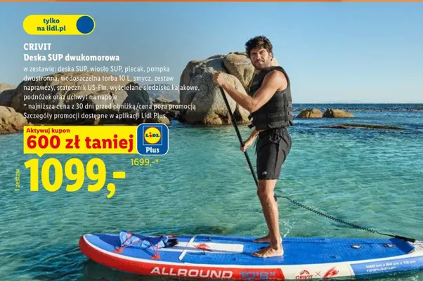 Deska SUP dwukomorowa Crivit 320x84x15cm z wiosłem regulowanym plecakiem pompką i akcesoriami promocja w Lidl