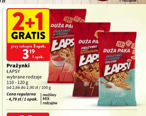 Prażynki w kratkę o smaku bekonowym Łapsy promocja w Intermarche