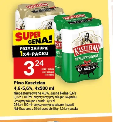 Piwo Kasztelan Niepasteryzowane 4,6% 4-pak 500ml promocja w Twój Market