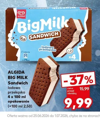 Lody Big Milk Sandwich Algida 4-pak 100 ml promocja w Kaufland