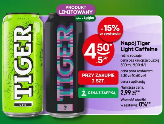 Napój Tiger Light Caffeine różne rodzaje promocja w Żabka