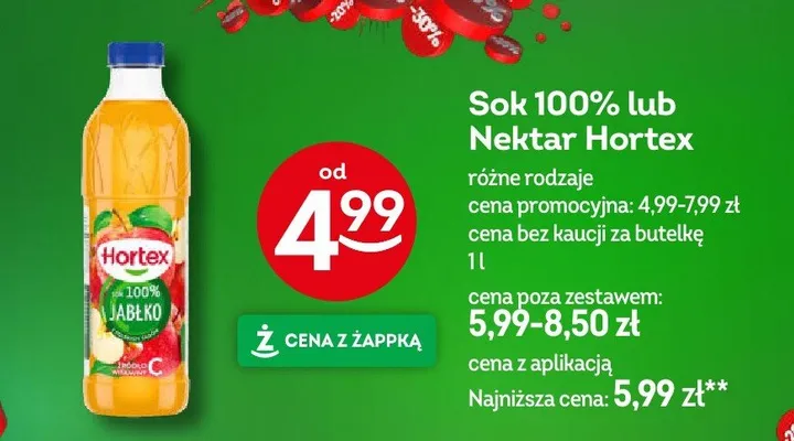 Sok 100% lub Nektar Hortex różne rodzaje promocja w Żabka