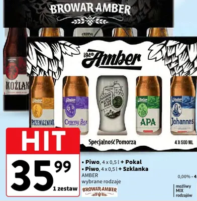 Piwo 4 x 0,5 l + Pokаl / Piwo 4 x 0,5 l + Szklanka Amber wybrane rodzaje promocja w Intermarche