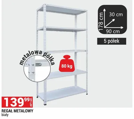 Regał metalowy biały 178x90x30cm 5 półek promocja w Merkury Market