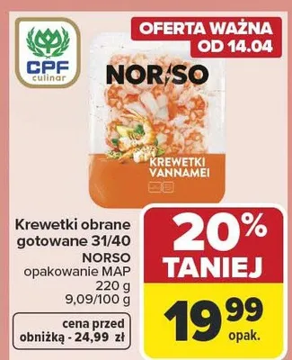 Krewetki obrane gotowane 31/40 NORSO promocja w Carrefour