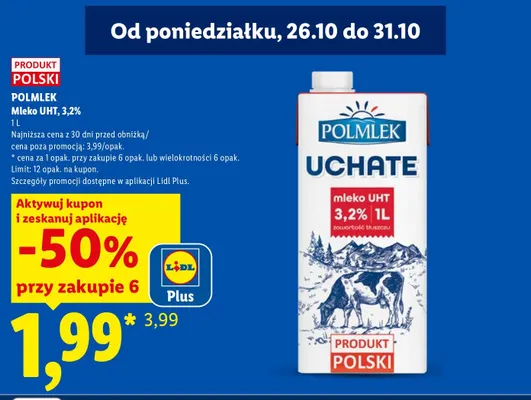 Mleko UHT Polmlek Uchate 3,2% promocja w Lidl