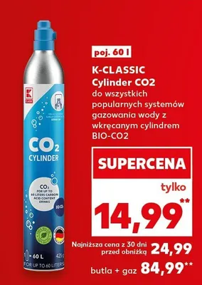 Cylinder CO2 K-CLASSIC do wszystkich popularnych systemów gazowania wody z wkręcanym cylindrem BIO-CO2 poj. 60l promocja w Kaufland
