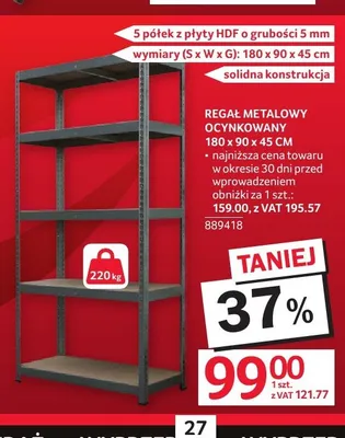 Regał metalowy ocynkowany 180x90x45 cm promocja w Selgros