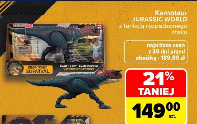 Karnotaur Jurassic World z funkcją rozpędzonego ataku promocja w Carrefour