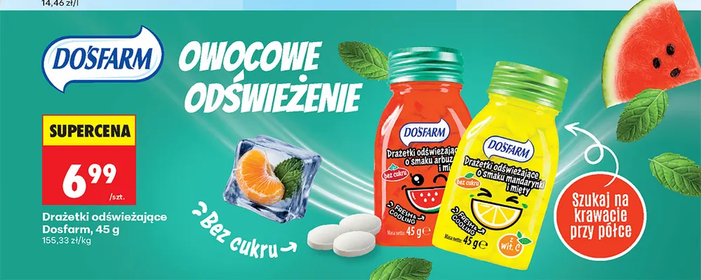 Drażetki odświeżające o smaku mandarynki i mięty Dosfarm promocja w Biedronka
