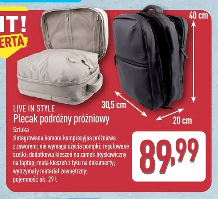 Plecak podróżny próżniowy Live in Style promocja w Aldi