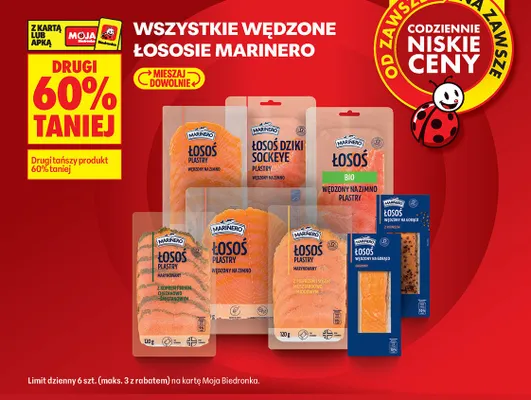 Łosoś wędzony na zimno plastry z koprem i sosem chrzanowo-śmietankowym Marinero promocja w Biedronka