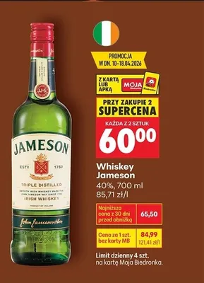 Whiskey Jameson, 700 ml (przy zakupie 2 szt.) promocja w Biedronka