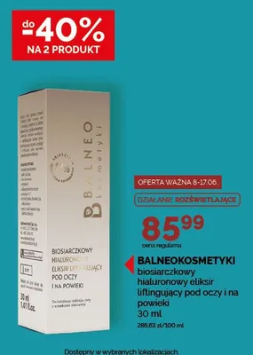 Eliksir liftingujący pod oczy i na powieki biosiarczkowy hialuronowy BALNEOKOSMETYKI promocja w Ziko Dermo