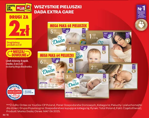 Pieluszki Dada Extra Care rozmiar 1, 2-5 kg promocja w Biedronka