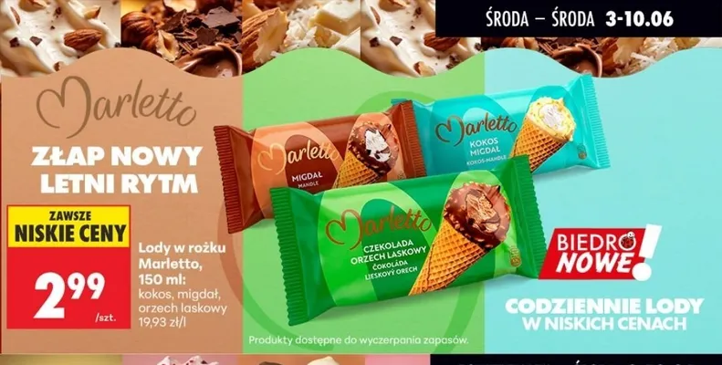 Lody w rożku Marletto kokos promocja w Biedronka
