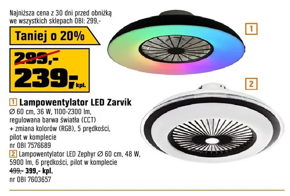 Lampowentylator LED Zarvik Ø 60cm 36W 1100-2300lm regulowana barwa światła (CCT) + zmiana kolorów (RGB) 5 prędkości pilot w komplecie promocja w OBI