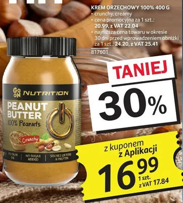Krem orzechowy Go Nutrition Peanut Butter 100% Peanuts 400g crunchy/creamy promocja w Selgros