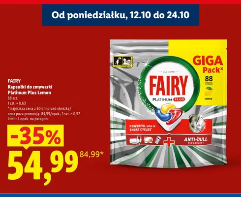 Kapsułki do zmywarki Platinum Plus Lemon Fairy promocja w Lidl
