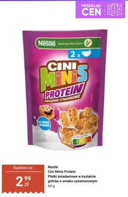 Płatki śniadaniowe Nestlé Cini Minis Protein w kształcie gofrów o smaku cynamonowym promocja w Dino