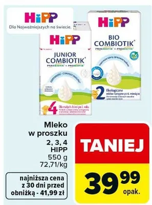 Mleko w proszku Junior Combiotik 2, 3, 4 Hipp różne rodzaje promocja w Carrefour