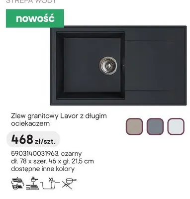 Zlew granitowy Lavor z długim ociekaczem czarny 78x46x21,5cm promocja w Castorama