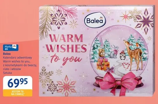 Kalendarz adwentowy Warm wishes to you z kosmetykami do twarzy ciała i włosów Balea promocja w Drogerie DM