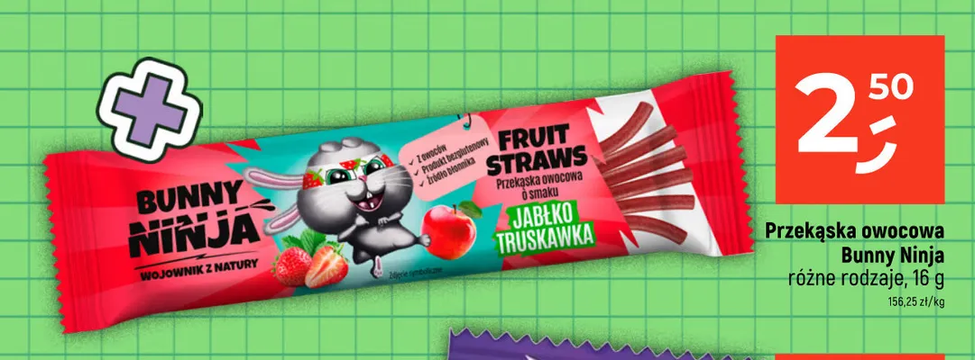 Przekąska owocowa Bunny Ninja Fruit Straws jabłko truskawka promocja w Dealz