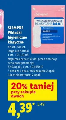 Wkładki higieniczne klasyczne SIEMPRE promocja w Lidl