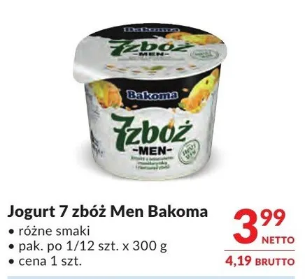 Jogurt 7 zbóż Men Bakoma promocja w Makro