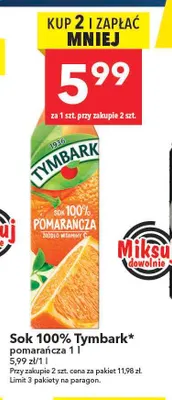 Sok Tymbark pomarańcza 100% promocja w LEWIATAN