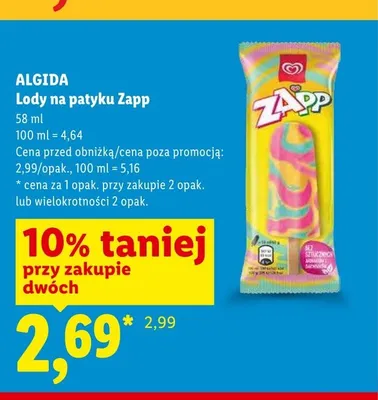 Lody na patyku Zapp Algida promocja w Lidl
