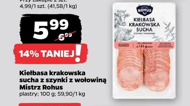 Kiełbasa krakowska sucha z szynki z wołowiną Mistrz Rohus promocja w Netto
