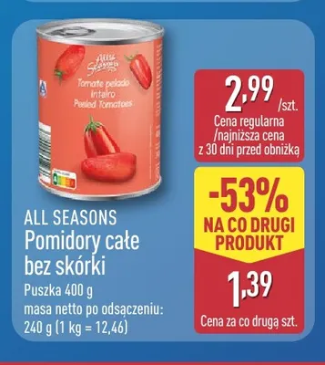 Pomidory całe bez skórki All Seasons promocja w Aldi