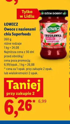 Dżem Łowicz Owoce z nasionami chia Superfoods Truskawka Dzika Róża promocja w Lidl