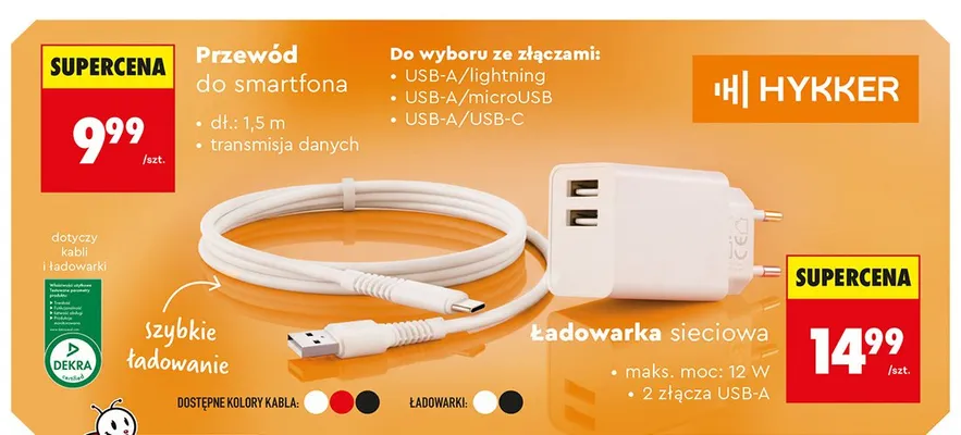 Przewód do smartfona HYKKER USB-A/USB-C promocja w Biedronka