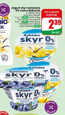 Jogurt skyr owocowy 0% cukru Bakoma jagodowy promocja w Dino
