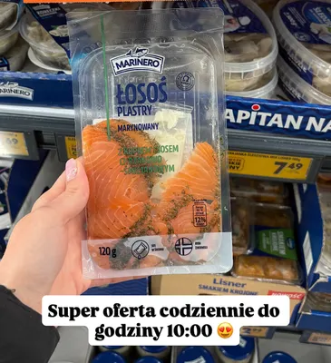 Łosoś plastry marynowany z koprem i sosem chrzanowo-śmietanowym Marinero promocja w Biedronka
