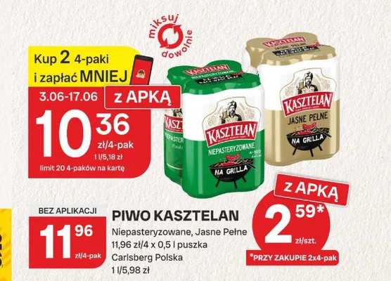Piwo Kasztelan Jasne Pełne 4-pak 500ml promocja w Chorten