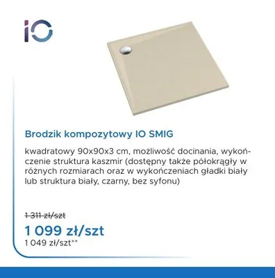 Brodzik kompozytowy IO SMIG kwadratowy 90x90x3 cm promocja w Blu Salony Łazienek