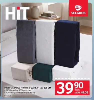 Prześcieradło frotte z gumką 160x200 cm promocja w Selgros