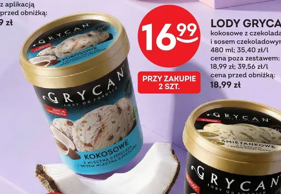 Lody Grycan kokosowe z czekoladą i sosem czekoladowym promocja w Żabka