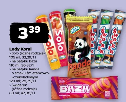 Lody Solo (różne rodzaje), na patyku Baza, na patyku Panda, na patyku smak śmietankowo-czekoladowym, Świderek (różne rodzaje) promocja w Netto