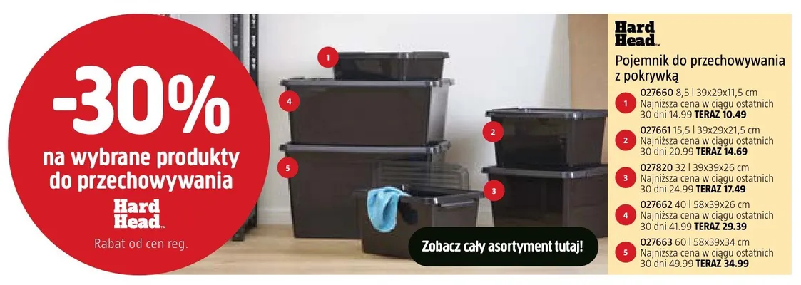 Pojemnik do przechowywania z pokrywką Hard Head 60l 58x39x34cm promocja w Jula